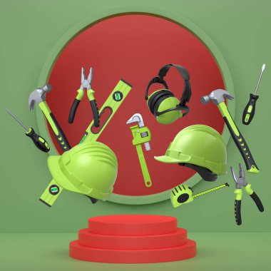 Endüstriyel çalışma ve koruma kavramını temsil eden, soyut arka planda podyum üzerinde yüzen çeşitli inşaat araçları ve güvenlik ekipmanları