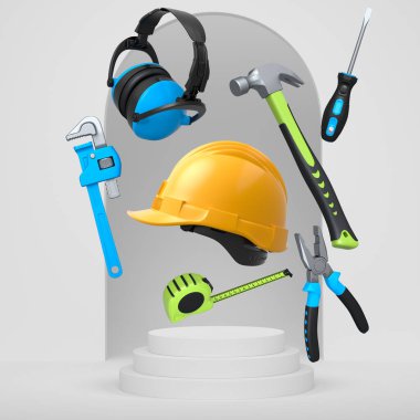 Endüstriyel çalışma ve koruma kavramını temsil eden, soyut arka planda podyum üzerinde yüzen çeşitli inşaat araçları ve güvenlik ekipmanları