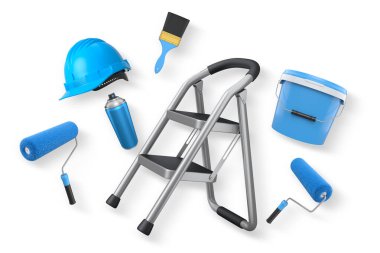 Yuvarlak, fırça, sprey kutu, kask ve basamak merdiveni de içeren çeşitli boyama araçları, kırpma yolu ile beyaz zemin izole edilmiş, ev yenileme kavramını temsil ediyor