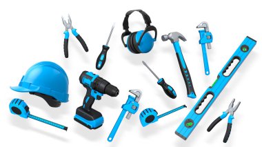 Yapım araçları ve güvenlik ekipmanları kesme yolu olan beyaz arka planda izole edilmiş. İş güvenliği ve inşaat araçları kavramı