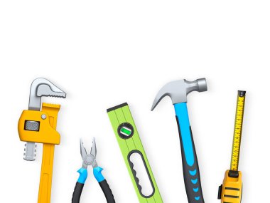 Pense, boru anahtarı, çekiç ve tornavida da dahil olmak üzere el aletleri beyaz arka planda kırpma yolu ile izole edilmiş, tamir konsepti