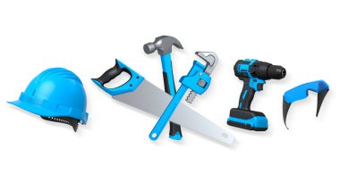 Yapım araçları ve güvenlik ekipmanları kesme yolu olan beyaz arka planda izole edilmiş. İş güvenliği ve inşaat araçları kavramı