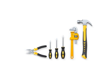 Pense, boru anahtarı, çekiç ve tornavida da dahil olmak üzere el aletleri beyaz arka planda kırpma yolu ile izole edilmiş, tamir konsepti