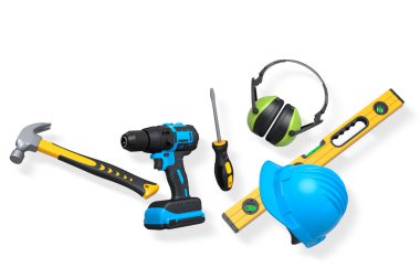 İngiliz anahtarı, çekiç, kerpeten ve miğfer de dahil olmak üzere çeşitli inşaat aletleri kırpma yolu ve inşaat konsepti ile beyaz arka planda izole edilmiş.