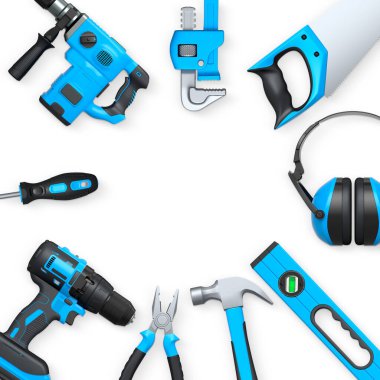 Yapı araçları, miğferler ve güvenlik teçhizatlarının toplanması, kırpma yolu ile beyaz arka planda izole edilmiş, iş güvenliğini sembolize ediyor ve sanayiyi inşa ediyor