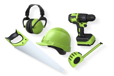 Testere, kask, kulaklık, matkap ve mezura da dahil olmak üzere inşaat araçları ve güvenlik ekipmanları kesme yolu ile beyaz arka planda izole