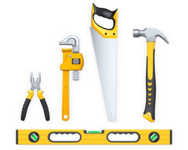 Kerpeten, boru anahtarı, çekiç ve saaw da dahil olmak üzere el aletleri beyaz arka planda kırpma yolu ile izole edilmiş, onarım kavramı