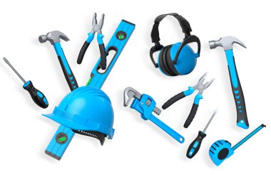 Yapı araçları, miğferler ve güvenlik teçhizatlarının toplanması, kırpma yolu ile beyaz arka planda izole edilmiş, iş güvenliğini sembolize ediyor ve sanayiyi inşa ediyor