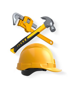 Üzerinde çekiç ve boru anahtarı olan güvenlik kaskı, beyaz arka planda izole edilmiş, kırpma yolu ile, inşaat çalışmalarını sembolize ediyor.