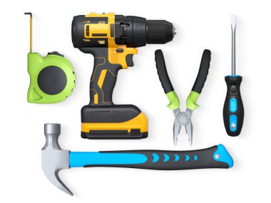 Pense, mezura, çekiç ve matkap gibi çeşitli el aletleri kırpma yolu ile beyaz arkaplanda izole edilmiş, DIY kavramı.