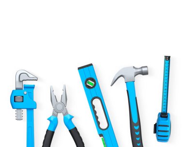 Testere, tornavida, çekiç, ingiliz anahtarı, pense gibi çeşitli el aletleri ve kesme yolu ile beyaz arkaplanda izole edilmiş seviye.