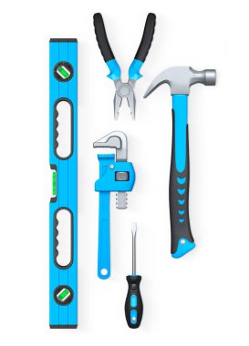 Testere, tornavida, çekiç, ingiliz anahtarı, pense gibi çeşitli el aletleri ve kesme yolu ile beyaz arkaplanda izole edilmiş seviye.