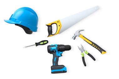 Yapı araçları, miğferler ve güvenlik teçhizatlarının toplanması, kırpma yolu ile beyaz arka planda izole edilmiş, iş güvenliğini sembolize ediyor ve sanayiyi inşa ediyor