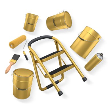 Siyah basamaklı merdiven, boya kutuları, silindir ve boya fırçaları kesme yolu olan beyaz arkaplanda izole edilmiş, boyama konsepti.