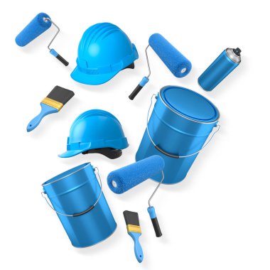 İnşaat miğferi, boya silindiri, fırça ve boya kovası kırpma yolu ile izole edilmiş, boyama ve yenileme araçlarını temsil eden beyaz zemin