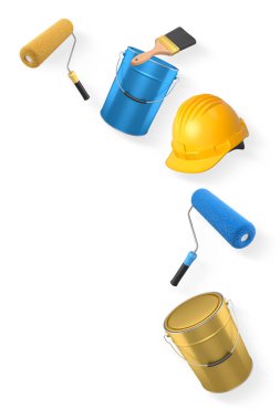 Boya fırçaları, silindirler, teneke kutular, miğfer ve sprey boya çeşitleri kesme yolu ile beyaz arkaplanda izole edilmiş, boyama ve yenileme konseptini temsil ediyor.