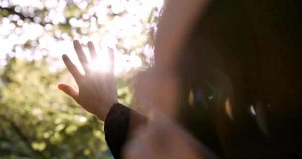 在阳光灿烂的日落 金色的天空和草甸的背景上 女性的手被隔离了起来 女人在外面享受柔和的黄昏阳光 阳光在人的手指间闪耀 — 图库视频影像
