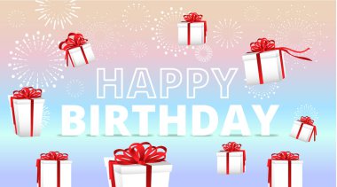 Doğum günün kutlu olsun. İçinde altın renkli tebrik kartları, altın balonlar ve düşen konfetiler olan klasik doğum günü kartları. Renkli reklam, tanıtım doğum günü pastası illüstrasyon davetiyesi