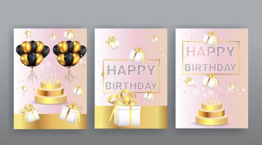 Doğum günün kutlu olsun. İçinde altın renkli tebrik kartları, altın balonlar ve düşen konfetiler olan klasik doğum günü kartları. Renkli reklam, tanıtım doğum günü pastası illüstrasyon davetiyesi