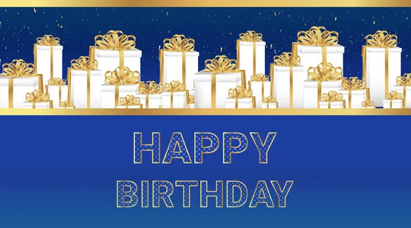 生日快乐 优雅的老式生日贺卡 上面有金色的详细卡片 上面有金色的气球和落下来的糖果 五彩斑斓的广告 促销生日蛋糕图解邀请函 — 图库矢量图片