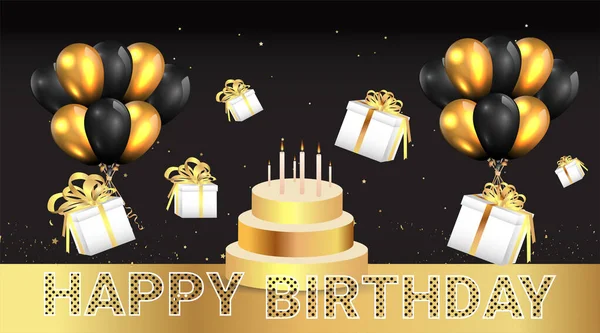 生日快乐 优雅的老式生日贺卡 上面有金色的详细卡片 上面有金色的气球和落下来的糖果 五彩斑斓的广告 促销生日蛋糕图解邀请函 — 图库矢量图片