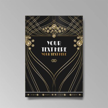 Art Nuevo lüks şablonu altın-siyah, A4 sayfası, menü, kart, davetiye, çizgiler çiçekler ve şehir ışıkları Modern, Art Novo / Deco tarzı, romantik bir çiçek motifi, zarif geometrik güzel arka plan