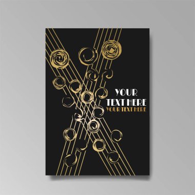 Art Nuevo lüks şablonu altın-siyah, A4 sayfası, menü, kart, davetiye, çizgiler çiçekler ve şehir ışıkları Modern, Art Novo / Deco tarzı, romantik bir çiçek motifi, zarif geometrik güzel arka plan