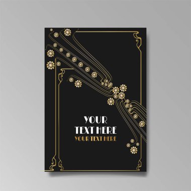 Art Nuevo lüks şablonu altın-siyah, A4 sayfası, menü, kart, davetiye, çizgiler çiçekler ve şehir ışıkları Modern, Art Novo / Deco tarzı, romantik bir çiçek motifi, zarif geometrik güzel arka plan