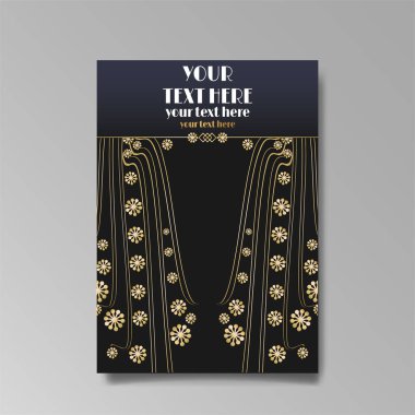Art Nuevo lüks şablonu altın-siyah, A4 sayfası, menü, kart, davetiye, çizgiler çiçekler ve şehir ışıkları Modern, Art Novo / Deco tarzı, romantik bir çiçek motifi, zarif geometrik güzel arka plan