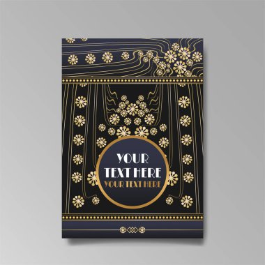 Art Nuevo lüks şablonu altın-siyah, A4 sayfası, menü, kart, davetiye, çizgiler çiçekler ve şehir ışıkları Modern, Art Novo / Deco tarzı, romantik bir çiçek motifi, zarif geometrik güzel arka plan