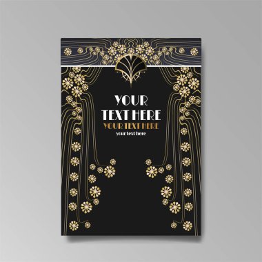 Art Nuevo lüks şablonu altın-siyah, A4 sayfası, menü, kart, davetiye, çizgiler çiçekler ve şehir ışıkları Modern, Art Novo / Deco tarzı, romantik bir çiçek motifi, zarif geometrik güzel arka plan