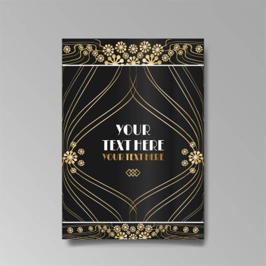 Art Nuevo lüks şablonu altın-siyah, A4 sayfası, menü, kart, davetiye, çizgiler çiçekler ve şehir ışıkları Modern, Art Novo / Deco tarzı, romantik bir çiçek motifi, zarif geometrik güzel arka plan