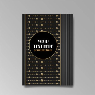 Art Nuevo lüks şablonu altın-siyah, A4 sayfası, menü, kart, davetiye, çizgiler çiçekler ve şehir ışıkları Modern, Art Novo / Deco tarzı, romantik bir çiçek motifi, zarif geometrik güzel arka plan