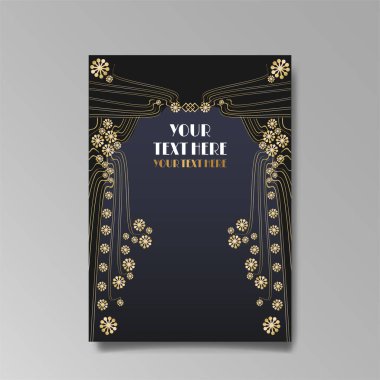 Art Nuevo lüks şablonu altın-siyah, A4 sayfası, menü, kart, davetiye, çizgiler çiçekler ve şehir ışıkları Modern, Art Novo / Deco tarzı, romantik bir çiçek motifi, zarif geometrik güzel arka plan