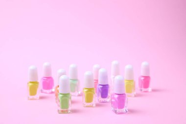 Variety of nail enamel, nail polish set, copy space