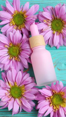 Cosmetic bottle with pink daisy flowers on wooden table, copy space