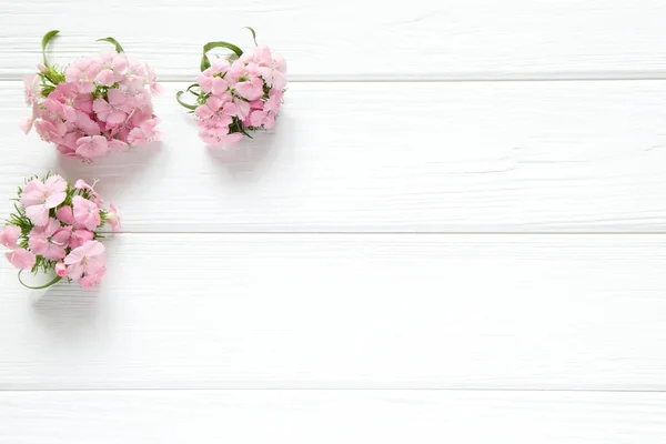 Kleine Rosa Blüten Auf Weißem Holz Rustikalem Hintergrund — Stockfoto