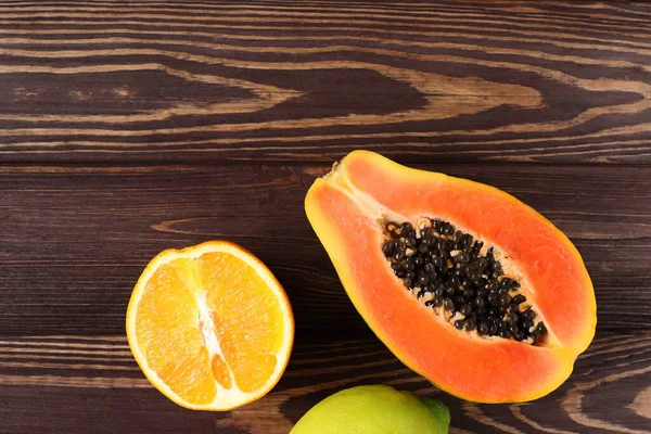 Papaya Orange Lemon Raw Tropical Fruits Wooden Table — Stock Photo, Image