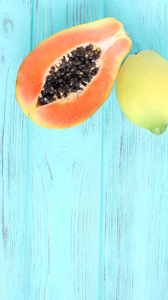 Tropical Fruits Papaya Orange Lemon Wooden Table — Stock Photo, Image