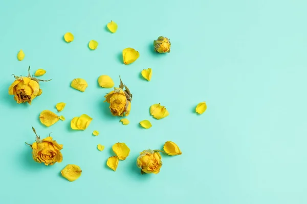 stock image Dried roses flowers on blue background, bunch of yellow flowers