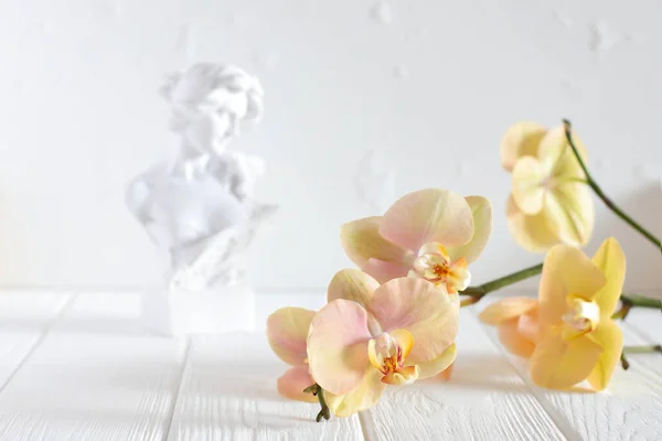 Bust Kvinna Skulptur Och Orkidé Blomma Plats För Text — Stockfoto