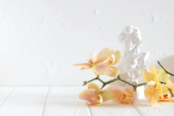 Büste Der Frauenskulptur Und Orchideenblume Platz Für Text — Stockfoto