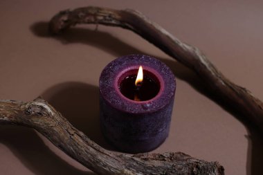 Doğal mum, mum ışığı, arka bahçede kuru ağaç gövdesi, ev dekorasyonu.