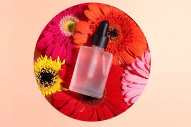 Kozmetik şişeleri maketi, cilt bakımı konsepti Gerbera çiçeklerinin arka planındaki güzellik serumu kutusu.