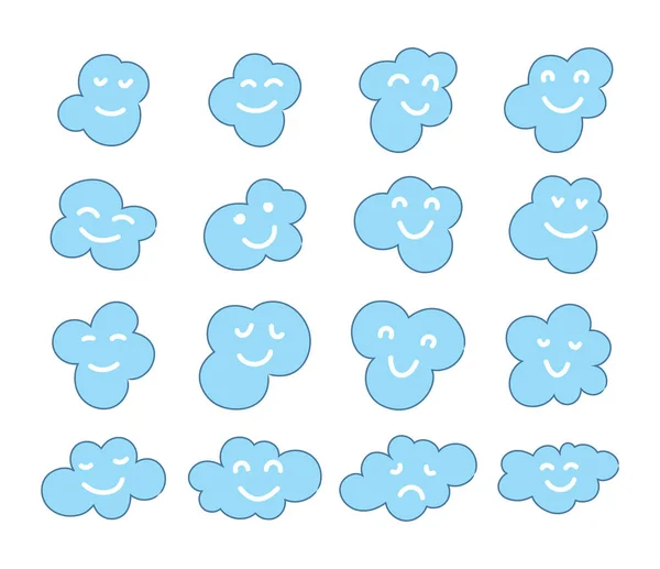 Σύννεφα Ευτυχισμένη Χαμογελώντας Doodle Κινούμενα Σχέδια Πρόσωπο Τέχνης Διακόσμηση Διάνυσμα — Διανυσματικό Αρχείο