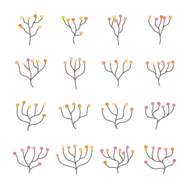 Bitkisel element sanat dekorasyonu, dallar, taç yaprağı, çiçek izole edilmiş beyaz arkaplanda vektör çizimi.