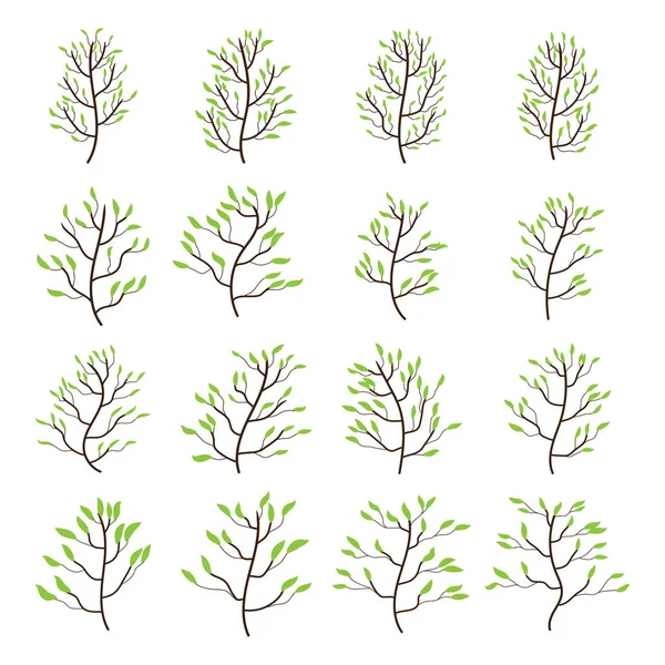 Σύνολο Δέντρων Κλαδιά Και Φύλλα Διακόσμηση Τέχνης Απομονωμένη Διανυσματική Απεικόνιση — Διανυσματικό Αρχείο