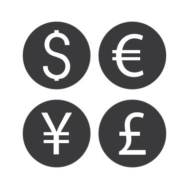 Dolar, Euro, yen, pound Sterlin para birimi simgesi beyaz arkaplanda izole edilmiş vektör illüstrasyonunu ayarlayın.