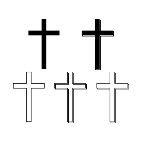 Zestaw Christian Cross Wektor Symbol Płaski Zarys Stylu Białym Tle — Wektor stockowy
