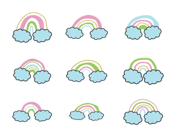 Készlet Színes Szivárvány Felhők Esztétikai Elem Művészet Dekoráció Vektor Illusztráció — Stock Vector